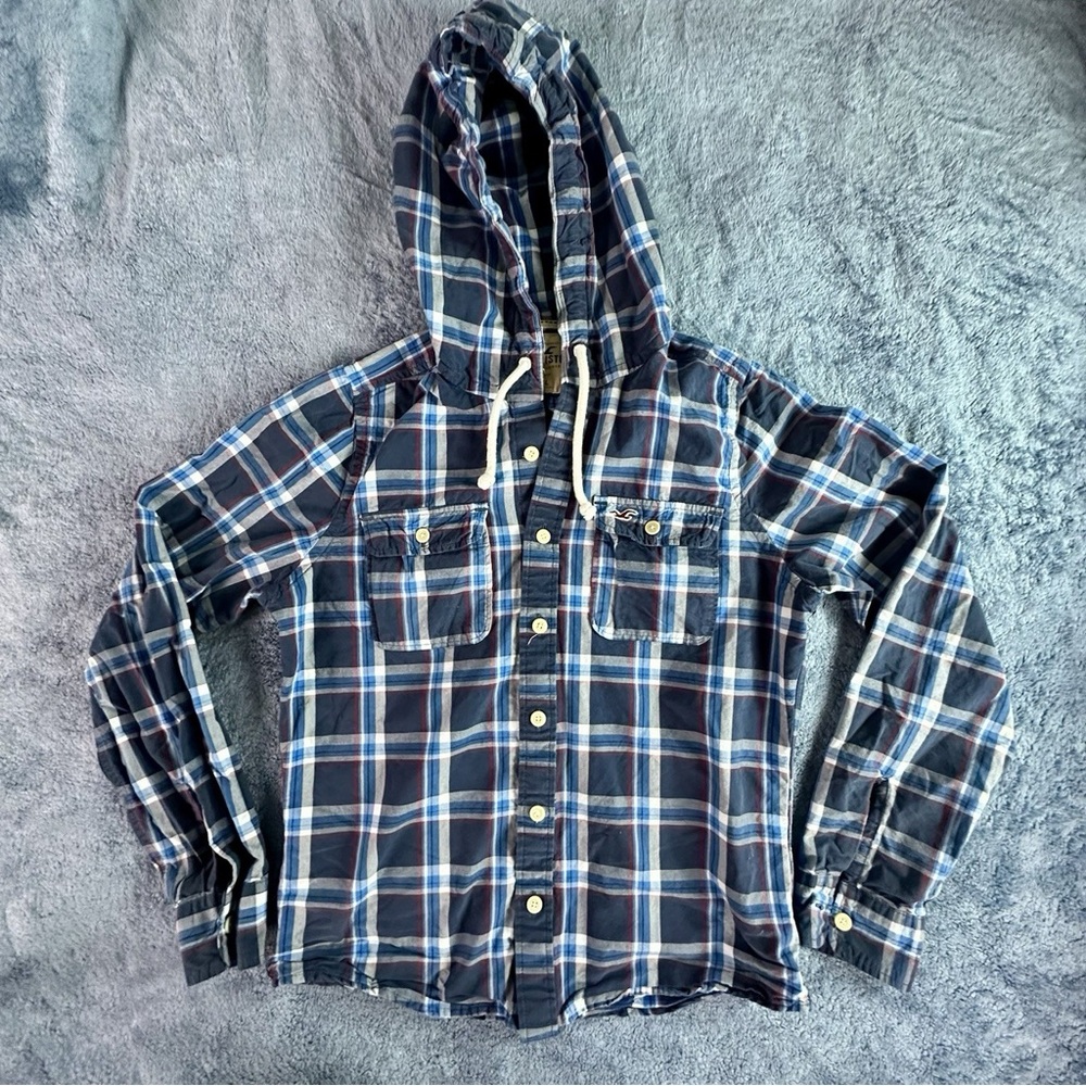 Hollister Men’s L Plaid Flannel Shirt Blue Red Hooded Button-Up Long Sleeve